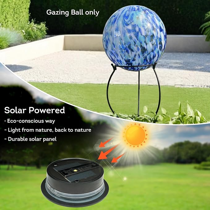 Lily's Home Gazing Ball - 10" Glass Globe with Solar Powered Lights - Outdoor Solar Lights for Yard & Patio - Garden Decor - Automatic On/Off Photosensitive Switch - Blue
