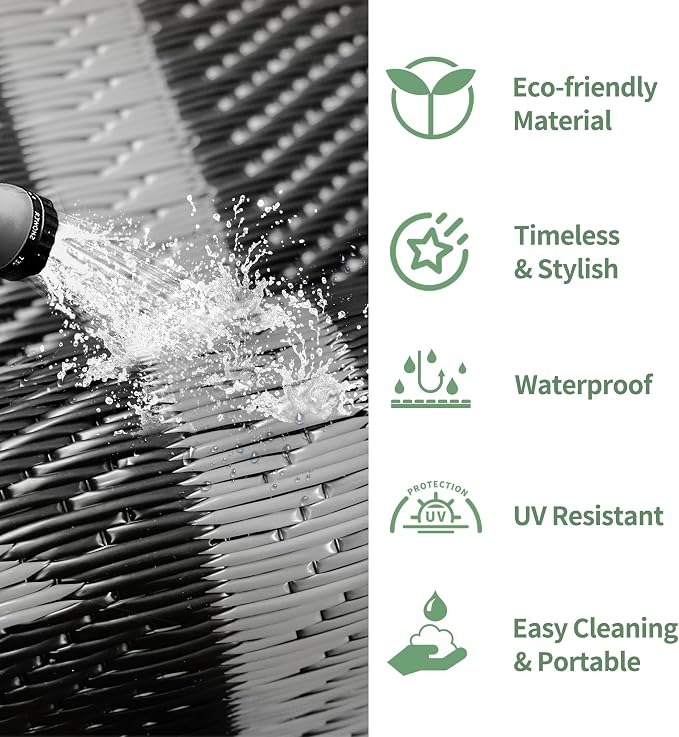 GENIMO Outdoor Rug for Patio Clearance - 8x10 ft Waterproof Plastic Camping Rugs, Reversible Outside Rv Mat Carpet for Porch, Deck, Picnic, Balcony, Beach, Backyard, Black Grey