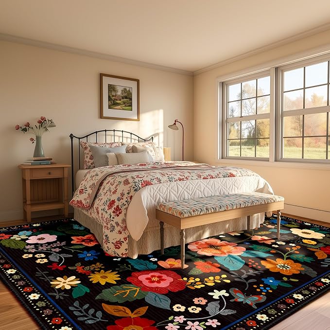 RELEANY Floral Washable 9x12 Area Rugs Black | Flower Carpet, Print, Boho, Non-Slip, Easy to Clean, Soft, Low Pile for Living Room Bedroom Kitchen Office Entryway Hallway