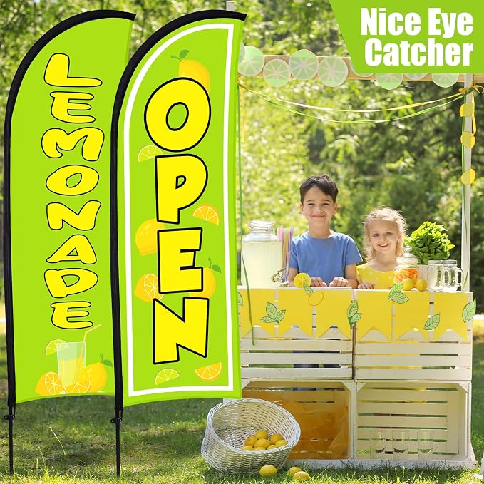 Hahafelt 2 Sets Lemonade Open Feather Flag for Business Advertising 8 ft Feather Flag Sign with Flagpole Ground Stake Portable Bag Lemonade Banner for Outside Park Garden Restaurant (Green)