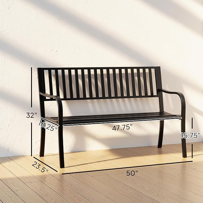Outsunny 50" Outdoor Garden Bench, Patio Bench with Slatted Seat, Metal Porch Benches for Backyard, Poolside, Lawn, Black