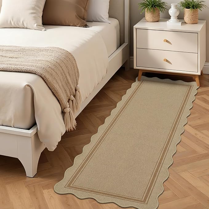 Easy Jute Kitchen Runner 2x6 Kitchen Runner Rug Washable Non Slip Outdoor Rug for Entryway Farmhouse Neutral Low Pile Scalloped Carpet for Hallyway Proch Doorway