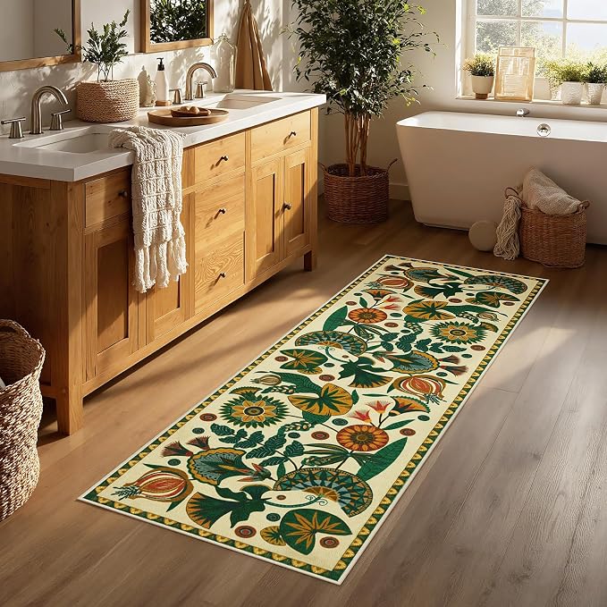 Joydeco Egypt Floral Washable 2x6 Rug Runners for Hallways Entryway Kitchen | Boho Botanical Colorful Non Slip Stain Resistant Low Pile Flower Indoor Carpet Runner for Entry Laundry Room Bathroom, Beige