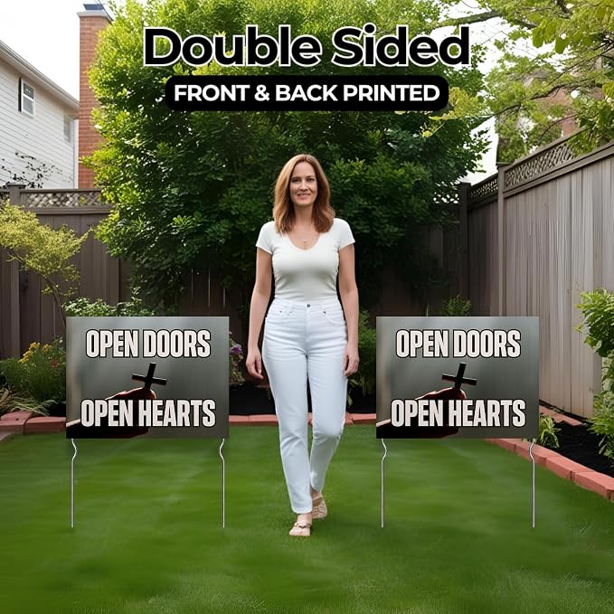 Open Doors - Open Hearts! Yard Sign by DC | 24"x18" Double Sided Church Garden Sign with 13” Metal Stakes | Outdoor Signs Waterproof for Lawn, Patio, Sidewalk & House | Set of 2 | Made in USA