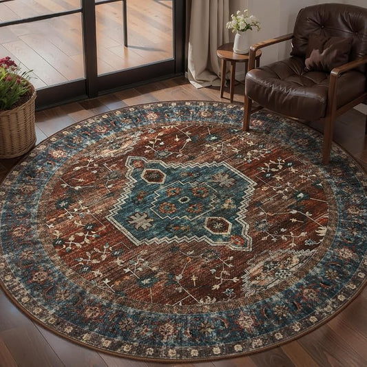 Tangsoo Oriental Washable Round Rugs 4ft, Non Slip Small Circle Rug | Vintage Low Pile Circular Rugs, Boho Round Area Rug for Living Room Bedroom Entryway Nursery Office Dorm Rust Blue Home Decor