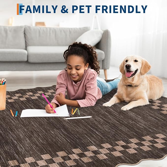 GarveeHome Washable Runner Rug 2x10 Modern Bordered Hallway Runner Rug | Non Slip Kitchen Throw Carpet Checkered Entryway Runner Rugs Low Pile Solid Area Rugs for Living Room Bedroom Nursery, Brown