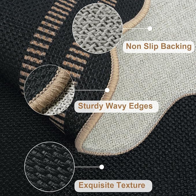 Scalloped Modern Easy Jute Carpet, 4x6 Outdoor Patio Washable Area Rug, Indoor Black Kitchen Rugs Farmhouse Neutral Non Slip Rug for Living Room Patio Entryway