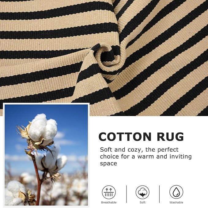 IOHOUZE Striped Area Rug 8'x10' Indoor Outdoor Rug, Washable Area Rug for Living Room, Large Patio Rug, Cotton Striped Rugs for Patio Living Room Bedroom, Tan/Black