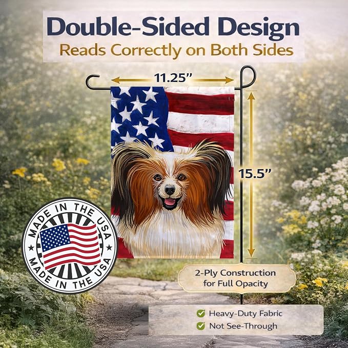 Caroline's Treasures CK6642GF Phalene Dog American Flag Garden Flag Mailbox Flag Decorative Yard Flag Banner Outside Patio Artwork Yard Flower Beds, Garden Size, Multicolor