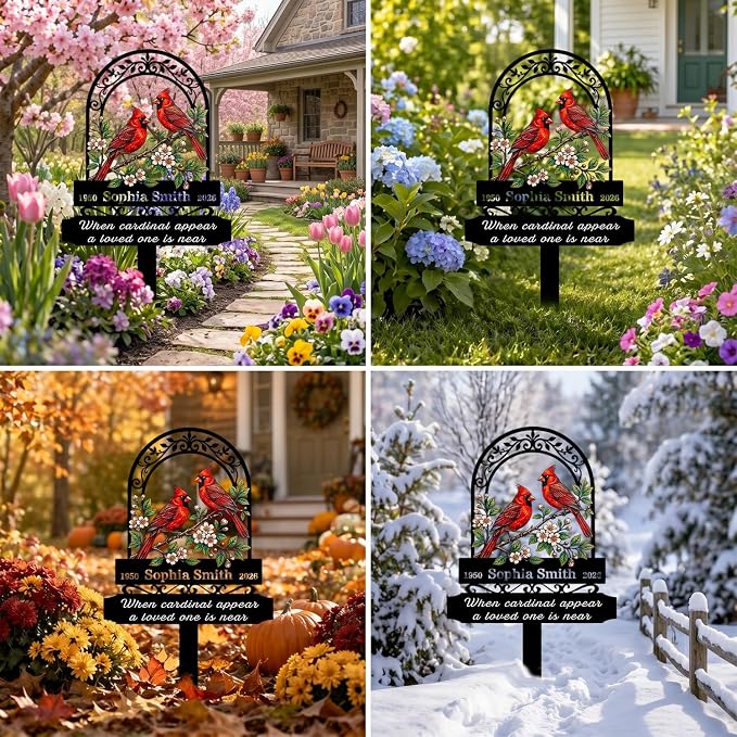 Personalized Cardinal Garden Sign with Stakes, Custom Name Sign, Yard Decor Outdoor, Memorial Gift for Mom, Garden Plaque Memorial Gifts, loss loved Ones Cardinal Sign