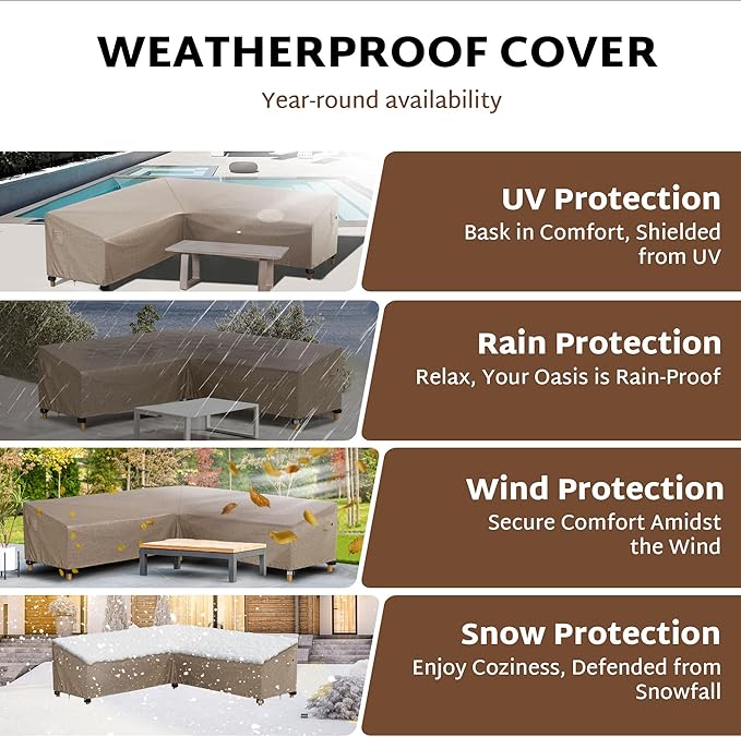 iBirdie Outdoor Sectional Cover fit 90 x 120 inch, 89 x 118, L-Shaped Patio Furniture Sofa, Waterproof Weatherproof Heavy Duty 600D Garden Cover for Outside L shape Couch, Brown