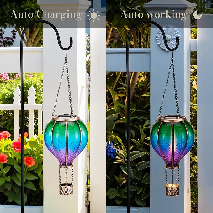 TERESA'S COLLECTIONS 2 Pack Hanging Solar Lantern Outdoor Garden Decor for Valentine ,Waterproof Plastic Hot Air Balloon Green Flickering Flame Effect Lantern for Yard Tree ,18"