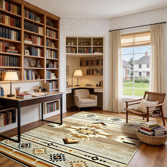 BENRON Western Area Rugs for Living Room Bedroom 4x6, Washable, Beige Brown | Non Slip Southwest aztec Rustic Rugs for Dining Table Kitchen Home Decor