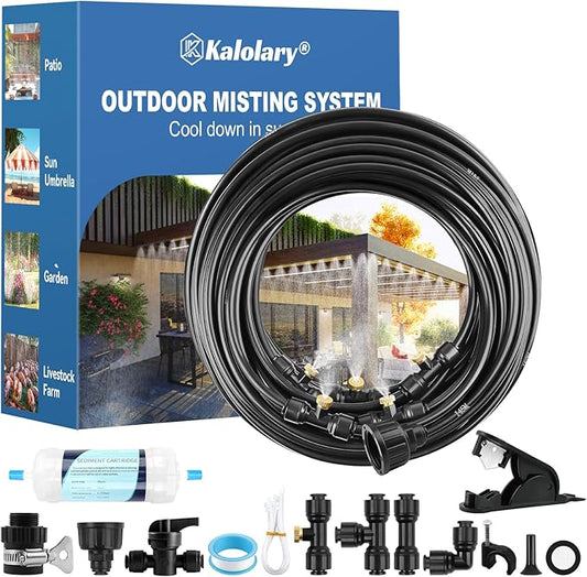 Kalolary Misting Cooling System, 100ft Misters for Outside Patio with Water Filter, 100FT(30M) Misting Line, 30 Brass Mist Nozzles & 2 PE Adapters 3/4" Outdoor Mister for Backyard Garden Greenhouse
