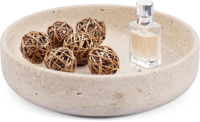Marble Decorative Bowl 8" Inches Travertine Key Bowl for Entryway Natural Stone Fruit Bowl For Kitchen Counter, Serving Bowl For Coffee Table, Modern Home Centerpiece Decor