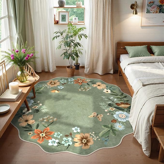 Lahome Floral Washable Round Circle Rugs, Non-Slip Soft Round Rug 4ft | Ultra-Thin Small Boho Circle Carpet for Entryway Kitchen Bedroom Nursery Bathroom, Green