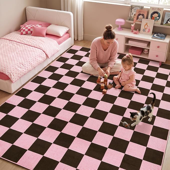 GarveeHome Checkered Brown Pink 4x6 Washable Girls Low-Pile Rug for Bedroom | Non-Slip Geometric Modern Small Brown Pink Soft Stain Resistant Boys Rug for Living Room Bathroom Entryway TPE Backing