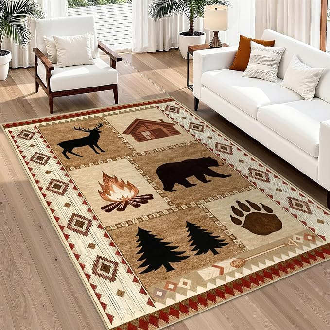 Area Rug 5x7 Rustic Cabin Bear Deer Rug Lodge Country Farmhouse Wildlife Rugs for Living Room Southwesten Machine Washable Non-Slip Printed Low-Pile Indoor Carpet for Bedroom Dining Room Office