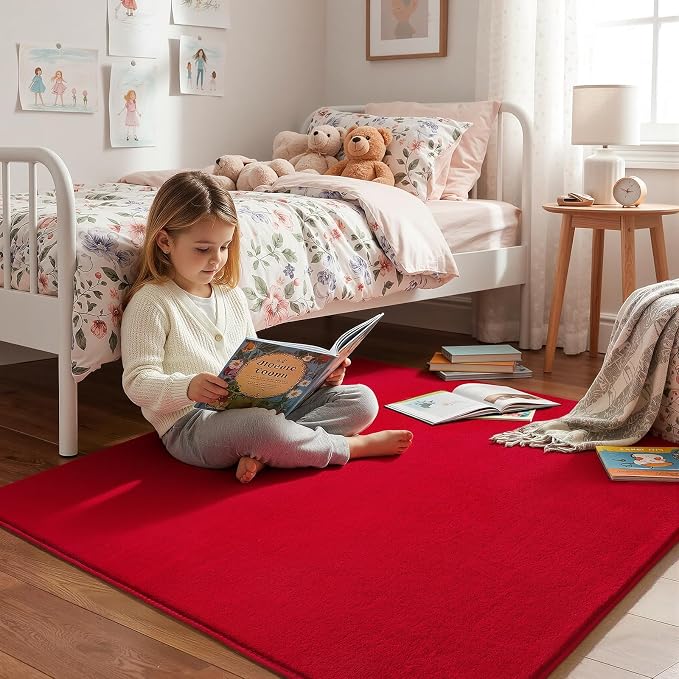 Amearea 4x4 Square Area Rugs for Bedroom Living Room, Red Memory Foam Rug | Thickened Fluffy Indoor Washable Rug, Modern Non Slip Minimalist Carpet for Entryway Kids Boys Girls Dorm Nursery Room Decor