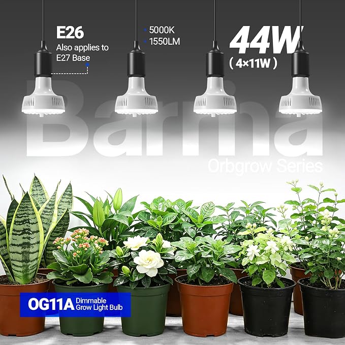 Barrina Orbgrow OG11A Grow Light Bulbs for Indoor Plants, Integrated Dimming & Timing, 5000K 44W(4 x 11W, 400 Watt Equiv), E26 Plant Light Bulb, Full Spectrum for Seeds and Greens, 4 Packs, White