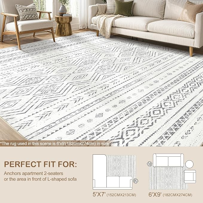 Tortania Area Rug Living Room Rugs- 6x9 Washable Large Soft Neutral Boho Moroccan Bohemian Farmhouse Rug Indoor Floor Carpet for Bedroom Under Dining Table Home Office Decor - Beige Gray