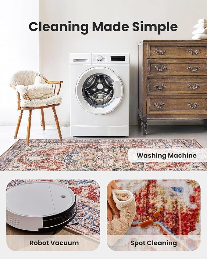 AMADA HOMEFURNISHING 8x10 Washable Area Rug, Low-Profile Large Area Rug with Non-Slip Backing & Durable Edge Binding, Vintage Large Rugs for Living Room, Bedroom, Dinning Room