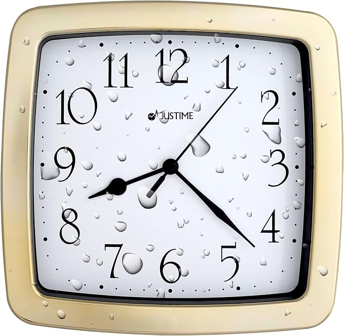 JUSTIME 8.5-inch Quality Square Water Resistant Quartz Wall Clock Special for Small Space, Office, Boats, RV (W40504 Gold Plate)