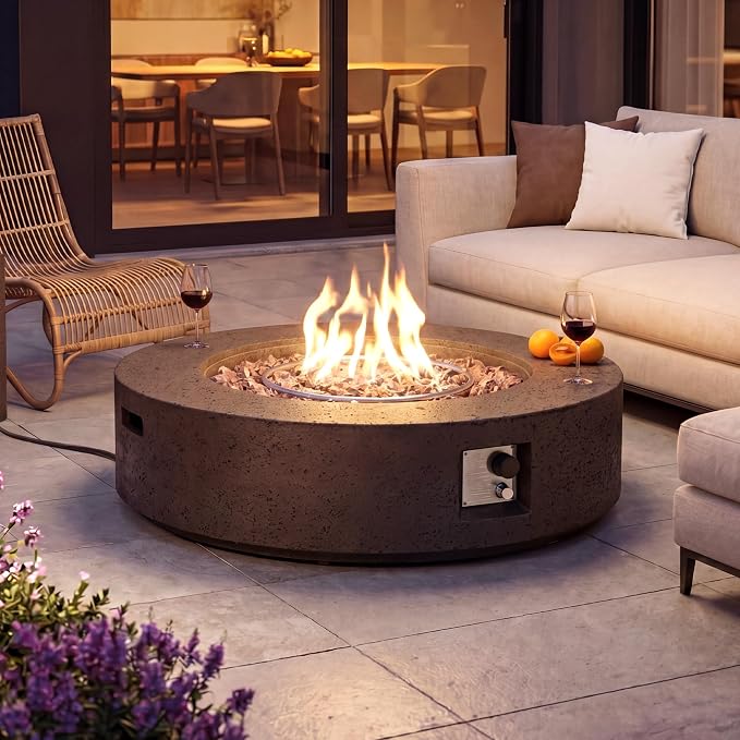 COSIEST 42 inch Outdoor Propane Fire Pit Coffee Table w Concrete Round Base Patio Heater, 50,000 BTU Stainless Steel Burner, Free Lava Rocks, Rain Cover, Brown