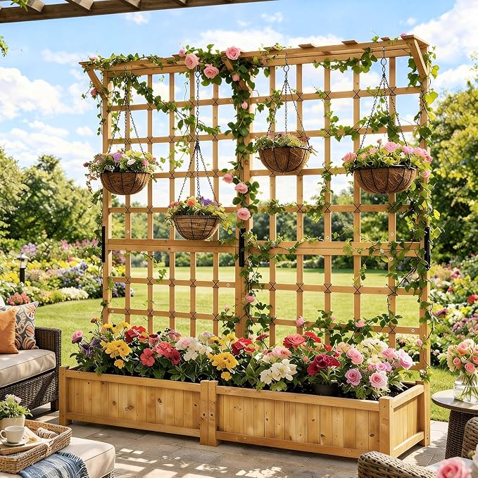Aoxun 36" Raised Garden Bed with Trellis, Wood Planter Container with Hanging Roof & Garden Boxes for Climbing Plants Flowers Vine (1 piece)