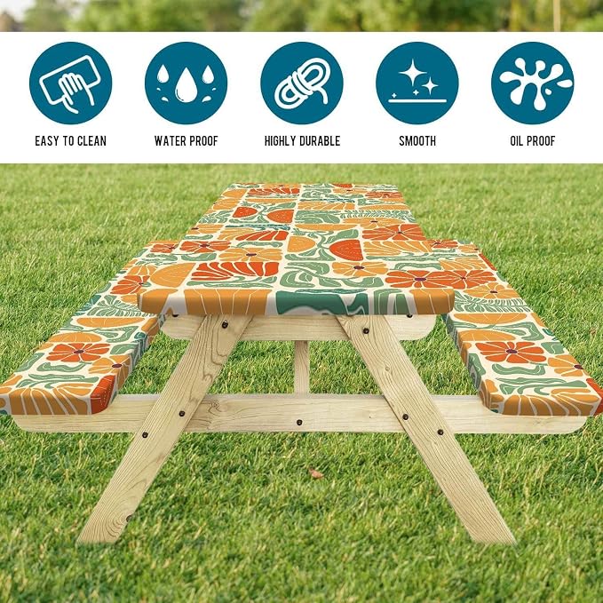 Picnic Table Covers with Bench Covers Boho Patchwork Orange Green Flower Pattern Camping Tablecloth Fitted Picnic Table Cover with Elastic Windproof Waterproof, Camping Accessories Outdoor, 72In 3PCS