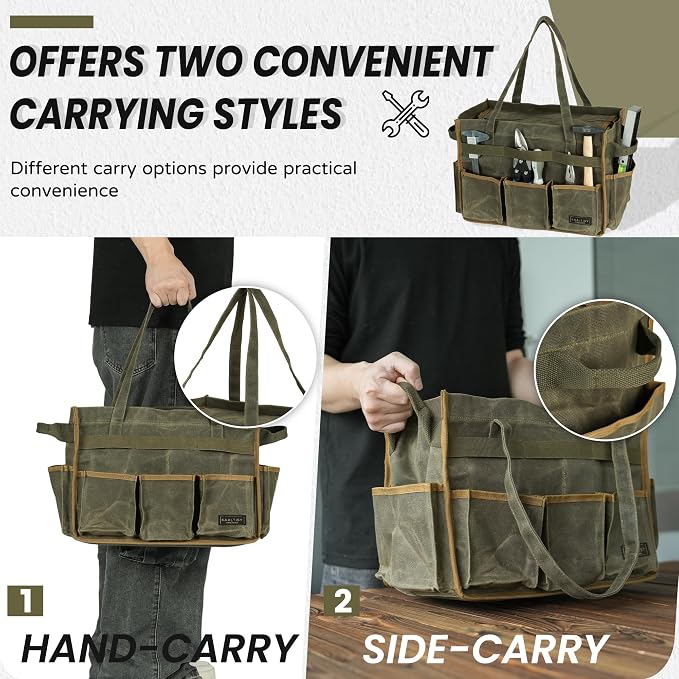 Tool Bag, Heavy Duty 16oz Waxed Canvas Garden Tool Organizer Tote with Reinforced Bottom, Large Capacity & 11 Slots, Dual Handles Tool Carrier for Gardening Carpentry DIY Tools | Army Green