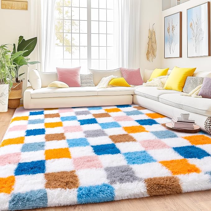 Checkered Rug 5x7 for Bedroom, Ultra Shag Large Rainbow Area Rug for Living Room, Modern Plush Soft Upgrade Non-Slip Fluffy Fuzzy Carpet for Kids Girls Room, Dorm Home Decor