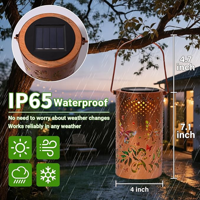 2 Pack - Colorful Butterfly Hanging Solar Lanterns Outdoor Waterproof, Decorative Metal Solar Hanging Lanterns for Porch Yard Tabletop Path Lawn and Garden Decor, Ideal Gifts for Mom Grandma Women