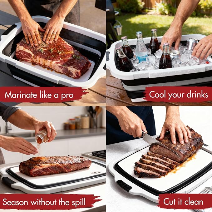 KITCHEN PERFECTION Collapsible XL Smoker & BBQ Prep Tub with Locking Lid | Includes Cutting Board, Meat Marinade & Brine Container For Turkey, Brisket & Ribs - Best Grill Accessories Gifts For Men
