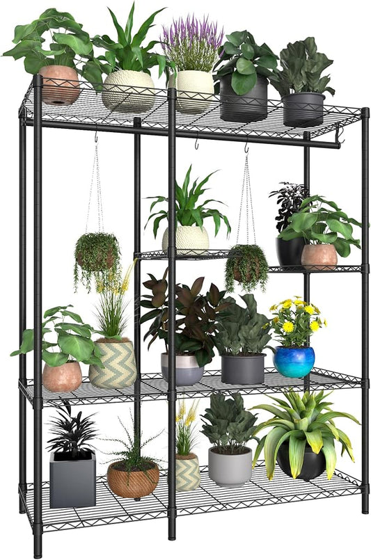 Xiofio 5-Tier Plant Stand for Indoor Outdoor, Large Reinforced Plant Shelf for Hanging Multiple Plants Plant Rack ,Adjustable Plant Stand Suitable for Bedroom Living Room Balcony Garden,Black