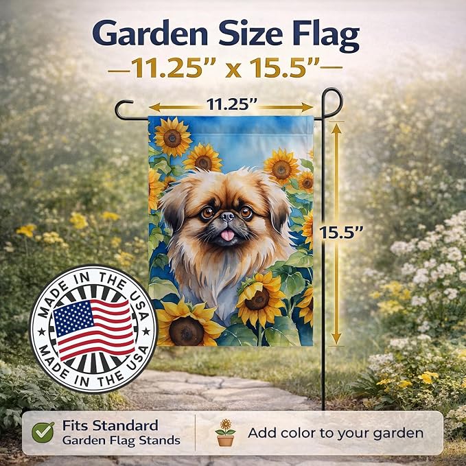 Caroline's Treasures DAC6132GF Pekingese in Sunflowers Garden Flag Mailbox Flag Decorative Yard Flag Banner Outside Patio Artwork Yard Flower Beds, Garden Size, Multicolor