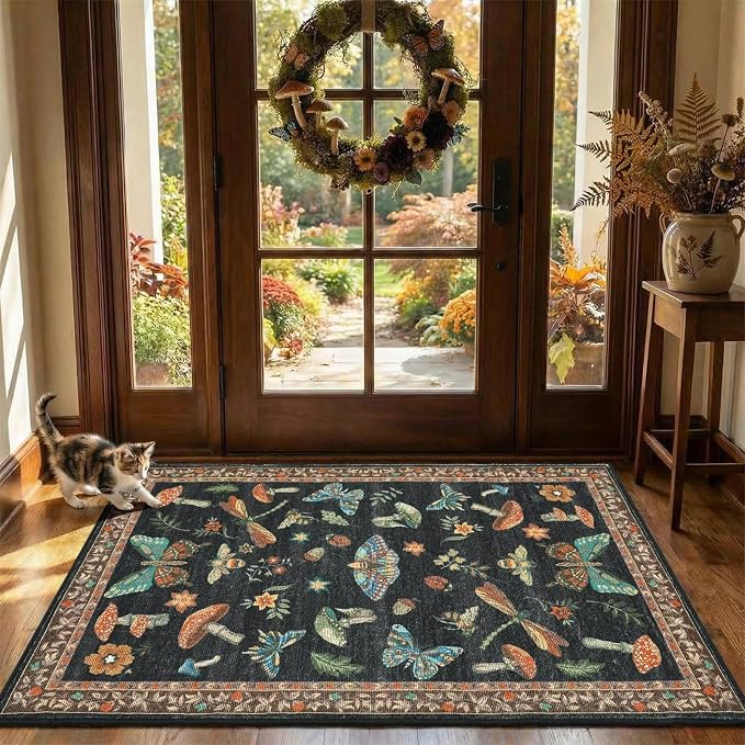 Mushroom 2x6 Runner Rug for Hallway Washable Kitchen Rugs Non Slip Low-Pile Whimsical Cottage Core Insect Bug Butterfly Funky Decor for Entryway Bathroom Bedroom Black Brown