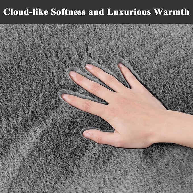 SHACOS Ultra Soft Faux Rabbit Fur Area Rugs 4x6 for Living Room, Grey | Non Slip Washable, Dense Pile Padded, Fluffy Cozy Indoor Modern Carpet for Bedroom Dining Room Kids Room Dorm Home Decor
