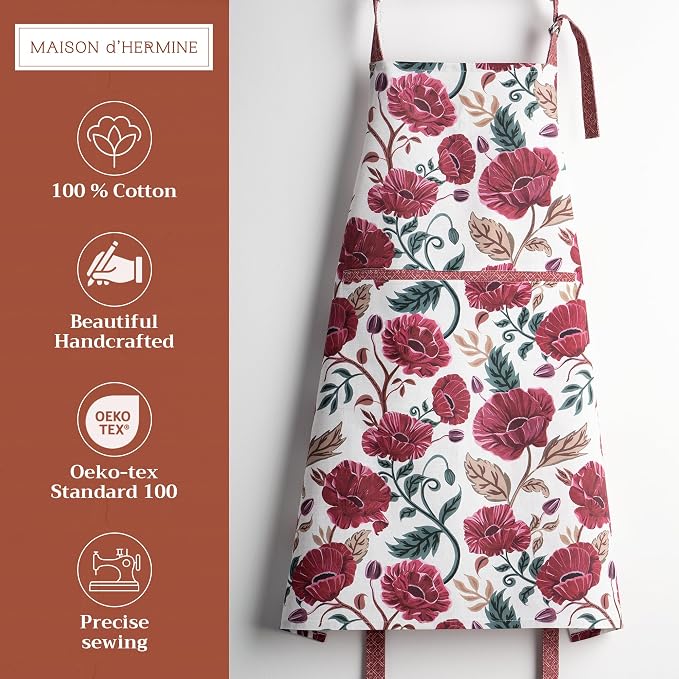 Maison d' Hermine Aprons for women with Pocket 100% Cotton (27.50"x31.50") | Adjustable Neck Strap & long ties Apron Men Chef Wedding Cooking Gardening Server Maid
