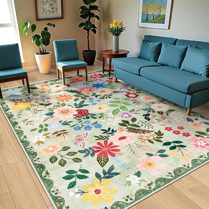 PLHXFR Area Rug 10x14 Living Room: Floral Washable Boho Soft Carpet Green | For Bedroom Dining Room Farmhouse Nursery Hallway,Vintage Floral,Machine washable,Non Slip,Stain Resistant,Large Indoor
