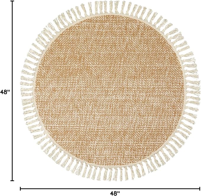 Hand Woven Circle Area Rug, Soft Hand Woven Cotton Washable Carpet | 4ft Modern Farmhouse Rugs with Tassels, Tan/Cream Round Rugs for Bedroom Living Room Dining Room Table Office