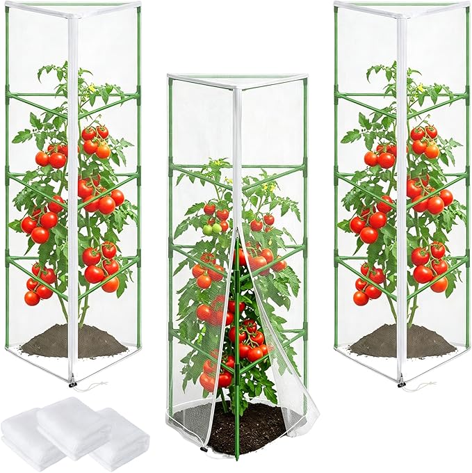 3 Pcs Garden Bird Netting Plant Cover for Triangle Tomato Cage, 67" X 12.6" X 12.6" Tomato Trellis Plant Covers with Zipper & Drawstring for Vertical Climbing Plants, Vegetable and Flowers (No Cage)