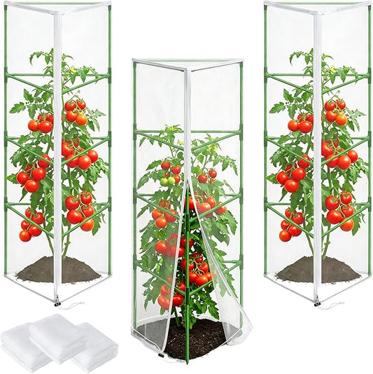 3 Pcs Garden Bird Netting Plant Cover for Triangle Tomato Cage, 67" X 12.6" X 12.6" Tomato Trellis Plant Covers with Zipper & Drawstring for Vertical Climbing Plants, Vegetable and Flowers (No Cage)