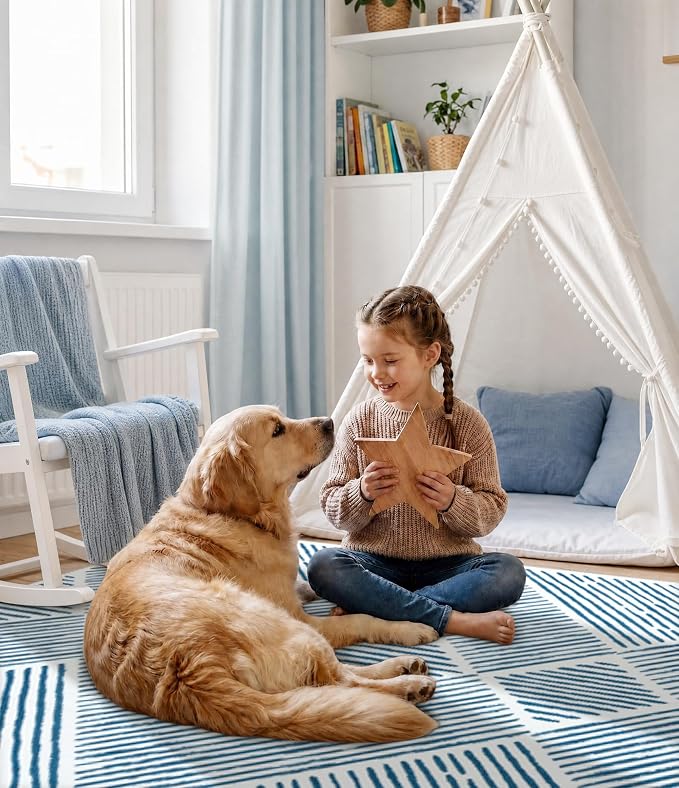 6‘x9' Washable Blue and White Rug, Modern Area Rug for Living Room | Non-Slip, Low Pile, Stain Resistant, Navy Blue Geometric Stripe Rug for Bedroom Dining Room