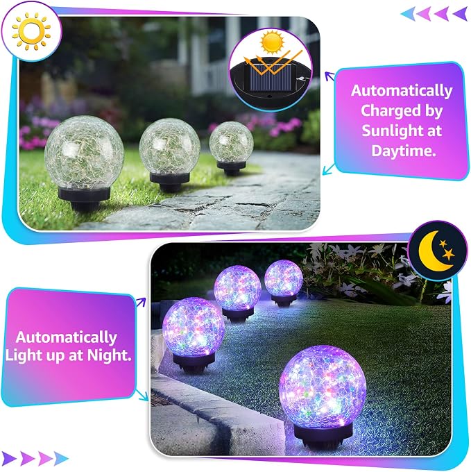 ASOMST 2-Pack Garden Solar Lights Outdoor, Colored Cracked Glass Ball Light Waterproof, Decorative Solar Powered Globe Lighting Multicolor for Yard