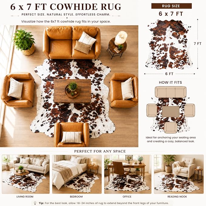 rodeo Genuine Cowhide Rug - Real Cow Hide Rug Large for Living Room & Bedroom - Western Rugs for a Natural Western Home Decor Ambiance - Rustic Cow Print Carpet Decor - 6x7 ft, Tricolor