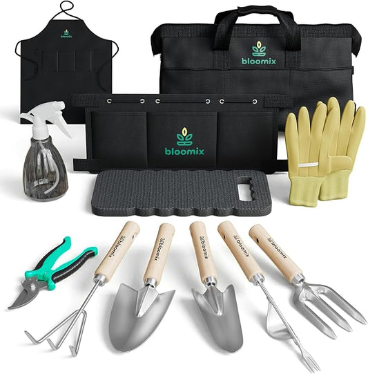 Bloomix 12Pcs Gardening Tools Set - Heavy Duty Garden Tools Set with Tool Bag, Kneeling Pad, Apron & More Garden Accessories - Stainless Steel Plant Care Kit Supplies, Gardening Gifts for Women Men