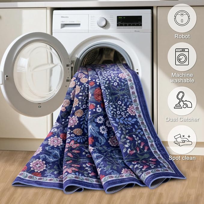PLHXFR Area Rug Living Room: 3x5 Floral Washable Boho Soft Carpet Blue | For Bedroom Dining Room Farmhouse Nursery Hallway,Vintage Floral,Machine washable,Non Slip,Stain Resistant,Large Indoor