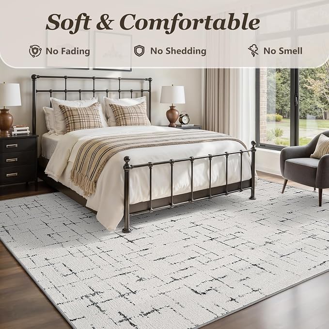 Engiw-Neutral 5x7 Area Rug for Living Room Rug-Carpet Bedroom Rugs Textured Tufted Jacquard Modern Washable Rug for Dining Room Nursery Non Slip-Black and White