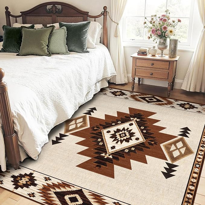 Area Rug 6x9 Western Rug for Living Room Southwestern Aztec Rugs | Machine Washable Southwest Tribal Navajo Rugs Low Pile Non-Slip Floor Carpet for Living Room Dining Room Bedroom Office